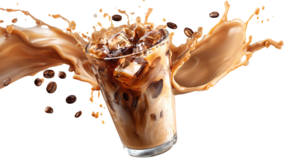 Refreshing iced coffee with milk splash captured in motion, showing freshness, energy, and a delicious lifestyle drink in a minimal aesthetic background