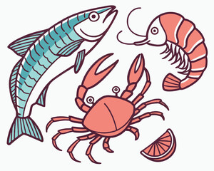 Illustration of fresh seafood including fish, crab, shrimp, and lemon