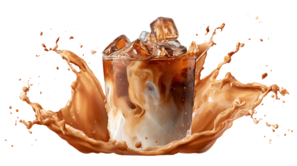 Refreshing iced coffee with milk splash captured in motion, showing freshness, energy, and a delicious lifestyle drink in a minimal aesthetic background