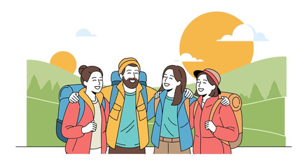 Group Of Adventurous Hikers Enjoying The Scenic Outdoors With Backpacks And Smiles