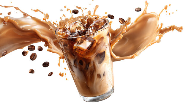 Refreshing iced coffee with milk splash captured in motion, showing freshness, energy, and a delicious lifestyle drink in a minimal aesthetic background