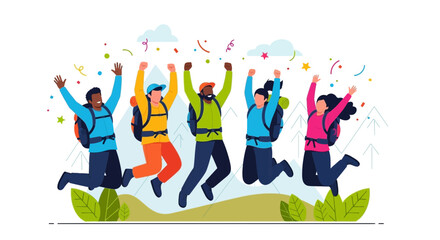 Group Of Excited Adventurers Celebrating A Successful Expedition Against A White Backdrop