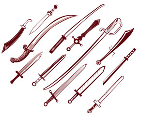 Knife and fork with blood metal instrument vector illustration set design