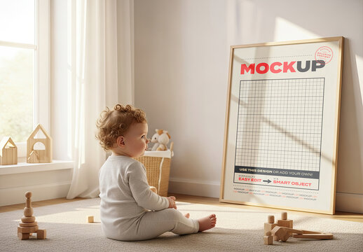 Vertical Stand Frame Poster Mockup on Baby Room