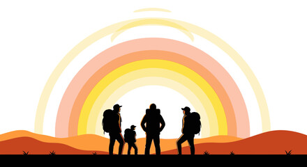 Group Of Hikers Admiring A Sunrise Over A Silhouette Landscape Scene