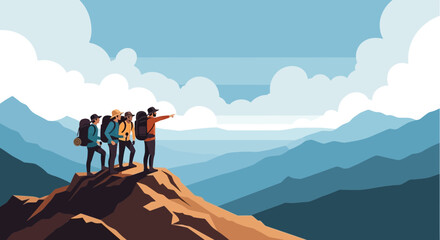 Group Of Hikers Admiring The Distant Landscape During Their Ascent Over The Mountains