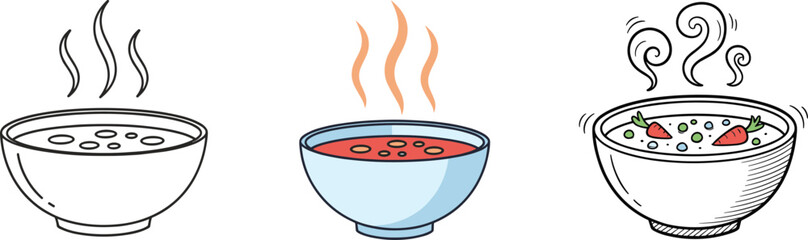 Set of Hot Soup Bowl Vector Icons: Simple Outline, Color, and Detailed Sketch Illustrations for Warm Food