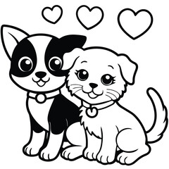 Adorable vector illustration of two cute puppies embracing with hearts adorning above
