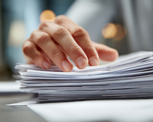 Hand carefully organizes stack of documents, focusing on neatness and precision