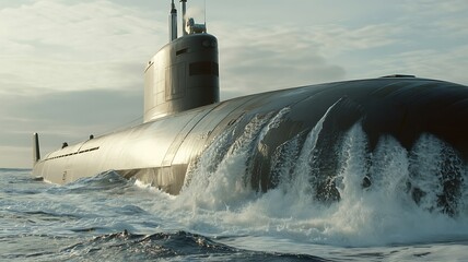 Military submarine sailing through choppy ocean waves with spray navy warship