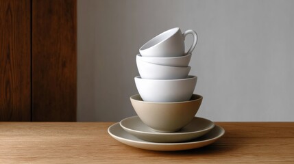 Stacked ceramic bowls and cups in various sizes arranged artistically on a wooden table, showcasing minimalist design and elegant simplicity in a cozy kitchen environment with natural light