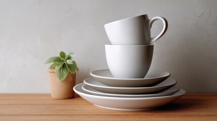 Stacked white ceramic cups and plates arranged elegantly on wooden table, accompanied by small potted plant, creating a serene and minimalist dining atmosphere with natural textures