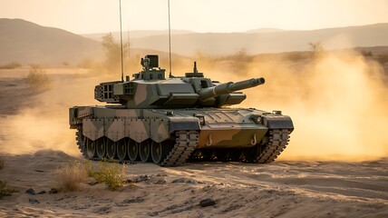 Modern Main Battle Tank Driving Through Desert Dust Kicking Up Sand During Golden Hour Sunset military