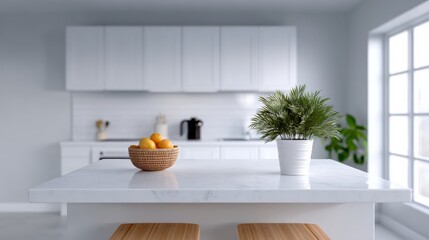Modern kitchen interior featuring a marble countertop with a bowl of oranges and a potted plant, bright natural light illuminating the space, creating a fresh and inviting atmosphere for culinary acti