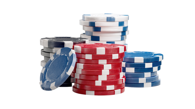 Colorful poker chips in stacked piles