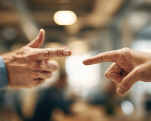 Two hands gesturing towards each other in blurred office setting, suggesting communication or direction