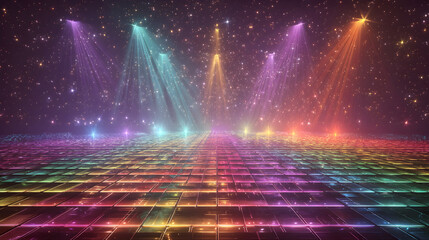 Retro disco dance floor with multicolored glowing lights and sparkling starry background