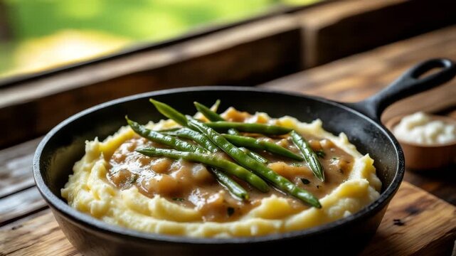 A serving of creamy mashed potatoes topped with green beans and gravy in a cast iron skillet. The dish is placed on a wooden table. Thanksgiving atmosphere.