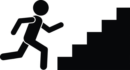 Motivational silhouette man, climbing stairs success, progress achievement concept, personal growth vector, determination effort symbol, business career goal, abstract black design