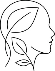Minimalist line art head, botanical leaves silhouette, human nature harmony, eco mind growth, mental health concept, sustainability illustration, modern abstract design