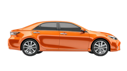 Sleek Modern Orange Coupe Car, Side View Isolated on White Background