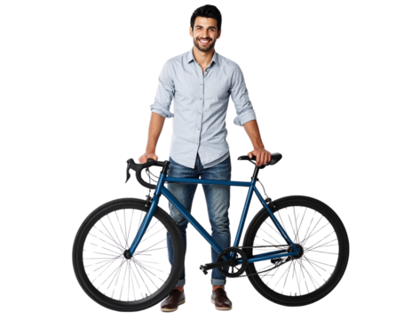 Young handsome man with bike isolated transparent PNG, Full length portrait of smiling student man with bicycle, Modern healthy lifestyle, travel, casual business concept