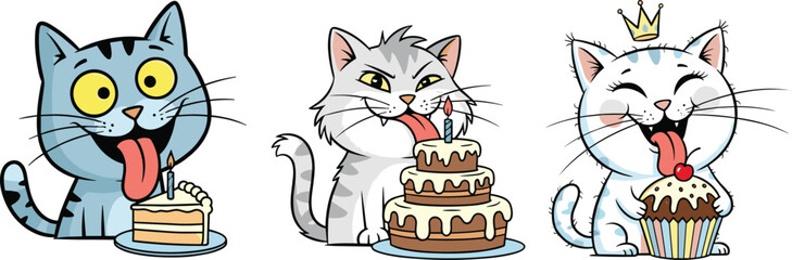 Cute cartoon cats celebrating birthday with cake, funny kittens licking frosting, adorable pets party, colorful illustration of happy cat characters