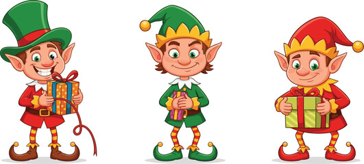 Cute Christmas elves holding gift boxes and smiling, festive holiday cartoon characters in colorful costumes, cheerful Santa helpers illustration for celebration
