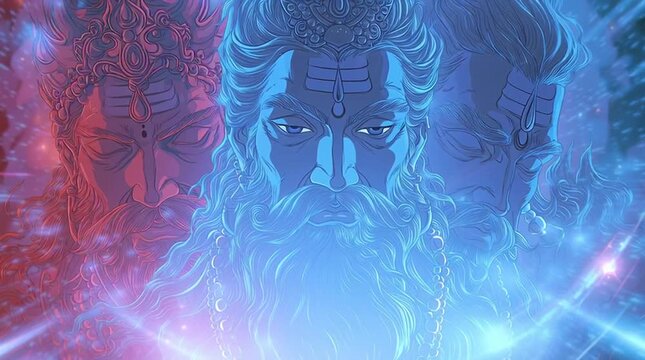 Animated close-up of Brahma, Vishnu, and Shiva with overlapping red, blue, and silver auras blending in a radiant spiritual harmony, creating a powerful and cinematic divine scene.
