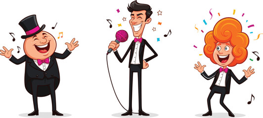 Funny cartoon singers performing on stage, colorful music celebration illustration, joyful vocal performance, entertainers in tuxedos with bow ties, comedy concert art