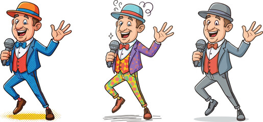 Funny cartoon singers performing with microphones, colorful entertainers illustration, joyful comedy performance art, happy stage show characters, humorous music celebration concept