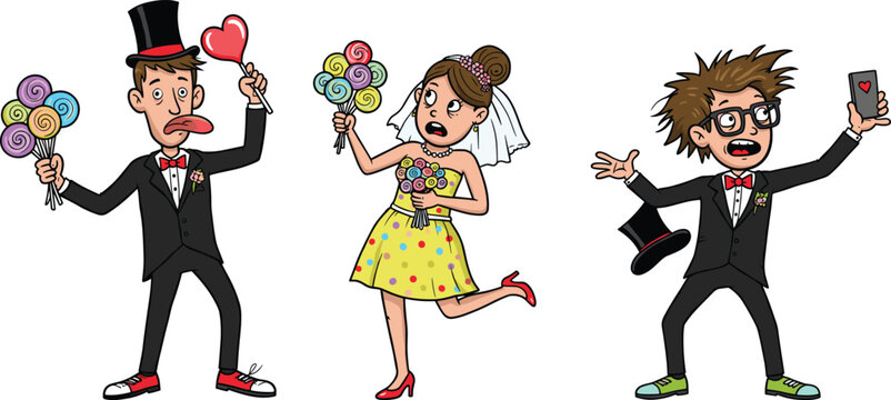 Funny cartoon wedding scene with bride and grooms, comedy couple illustration, humorous lollipop bouquet moment, silly love celebration art concept