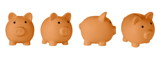 Set Piggy bank pig Orange color on isolated white background close up