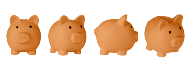 Set Piggy bank pig Orange color on isolated white background close up