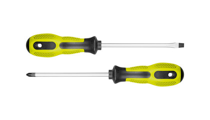 A set of two screwdrivers, flat and Phillips, with ergonomic Yellow handles suits various DIY...