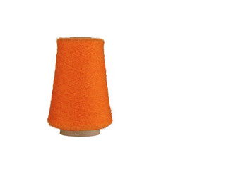 An Orange thread spool with a smooth texture, wound on a cardboard bobbin, isolated on a white background. Ideal for sewing, embroidery, or craft projects, this earthy thread adds a natural