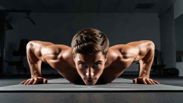 Muscular man doing pushups on a mat in a gym with determined expression