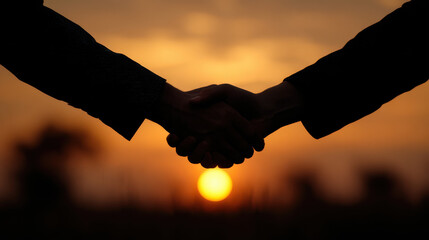 Silhouetted handshake against sunset background, conveying unity and agreement
