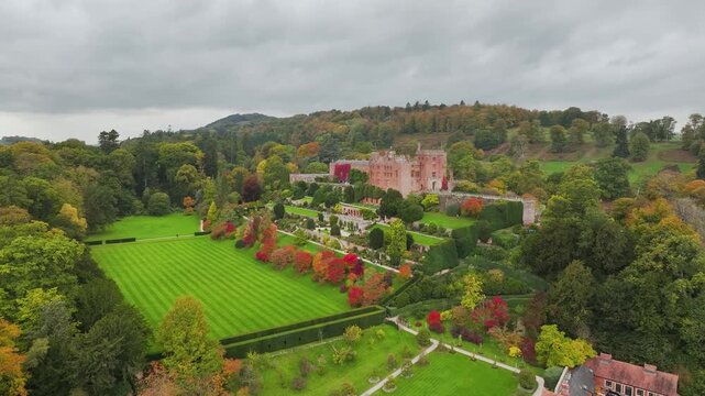 Autumn colours over Powis Castle and Garden from drone, Welshpool, Powys, Wales, England