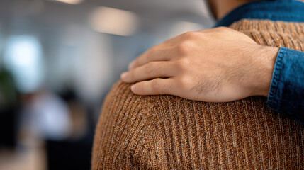 Supportive hand gently rests on coworker shoulder, conveying empathy and encouragement in professional setting