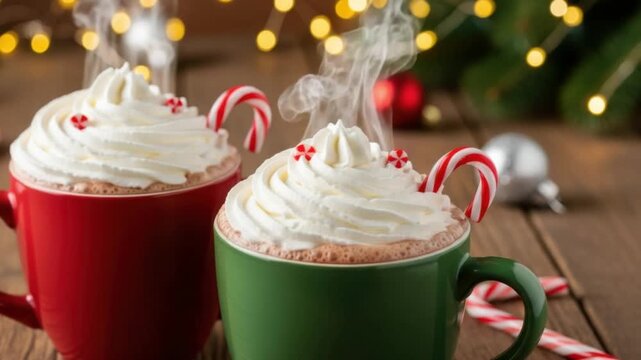Two mugs of hot chocolate with whipped cream and candy canes for christmas