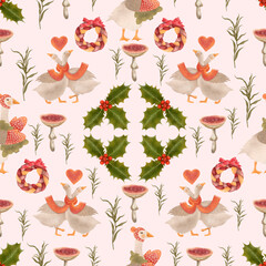 A bright seamless Christmas pattern with geese, fly agarics, and Christmas wreaths.