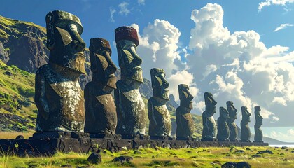 Ancient stone statues stand on grassy land, framed by sea and sky