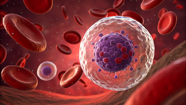 Eosinophil cell with bilobed nucleus and granules. Immune response, allergies, asthma, inflammation, defense against parasites. Hematology, immunology science. Medical white blood cell 3D illustration