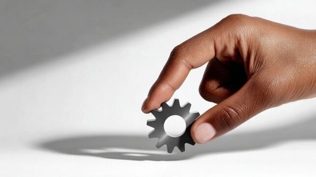 Hand of an African American individual holding a metallic gear against a soft gradient background, showcasing the intricate design and craftsmanship of mechanical components in a creative workspace
