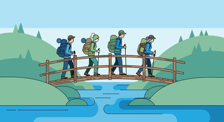 Group Of Hikers Traversing a Wooden Bridge Over a Refreshing River