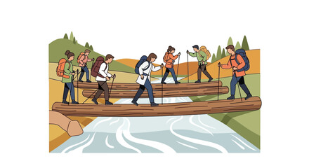 Group Of Hikers Traversing A Log Bridge Over A Flowing River, Peaceful Scenery