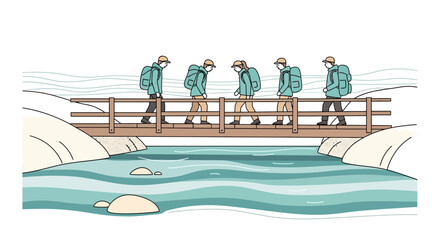 Group Of Hikers Traversing Across A Rustic Bridge Over A Serene, Flowing River