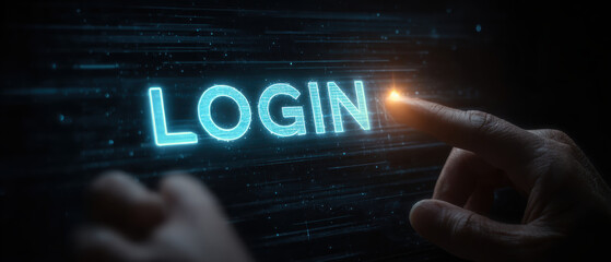 Futuristic login screen with hand pressing digital button, glowing in dark background