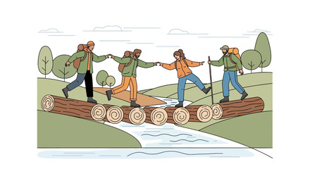 Group Of Hikers Traversing Log Bridge With Mutual Support And Cooperative Journeying